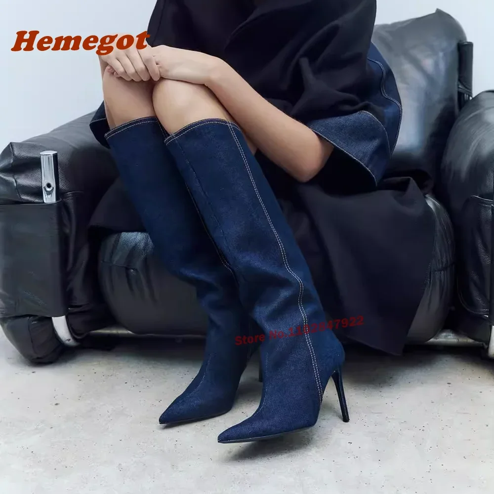 

Blue Denim Knee High Boots Sewing Pointy Toe Thin Heels Women's Boots Winter Luxury Runway Shoes Stiletto Runway Shoes Big Size
