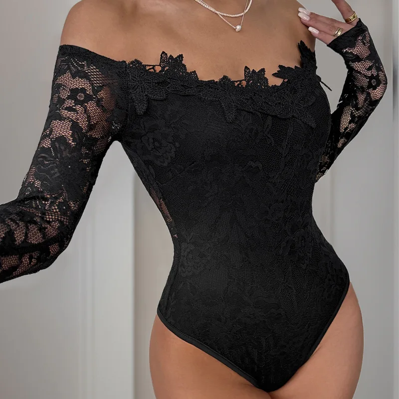 

Elegant Women Bodysuits Sexy Black Lace Long Sleeve Jumpsuit Bare Shoulder Shapewear Bodyshaper Fashion Slim Basic Sexy Lingerie