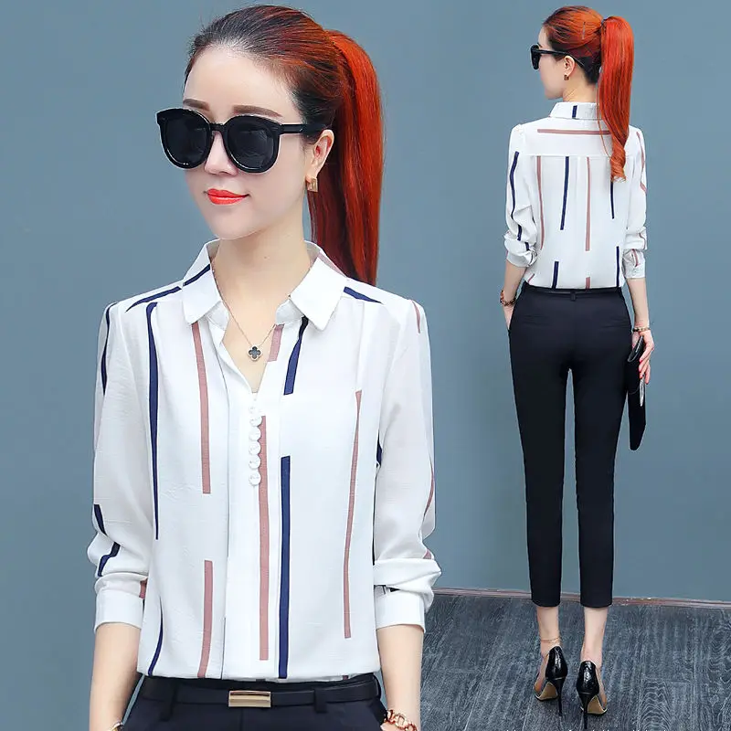 2024Spring and Autumn Women\'s New Korean V-neck Button Striped Chiffon Shirt Fashion Commuter Long Sleeve Loose Versatile Top