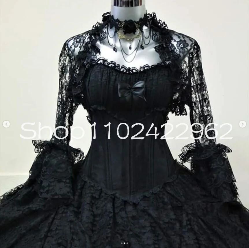 Vintage Black Gothic Witch Wedding Dresses with Long Sleeve Jacket Lace Bustle Gothic Mexico Halloween Bridal Gown customsized