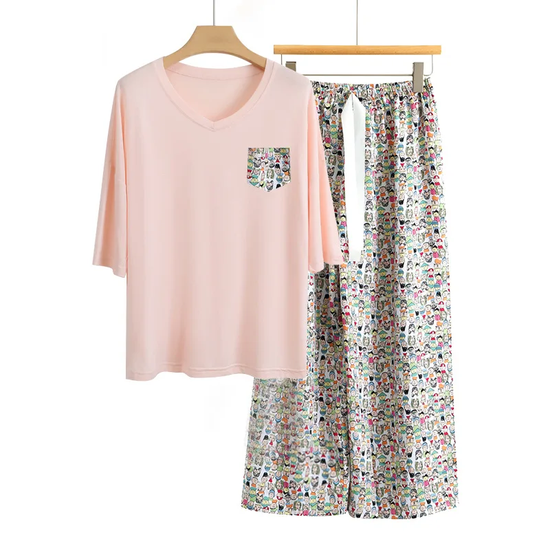 2PCS Women Pajama Suit Printing Soft Modal Splicing Pijama Mujer Femme Loose Nightwear Female Casual wide leg home clothes Set