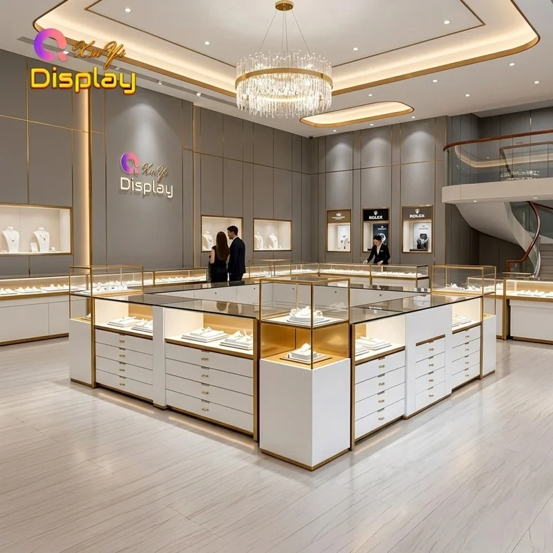 custom.Custom Design Stainless Steel Jewelry Display High Brightness LED Lock Eco-Friendly Durable Commercial Reta