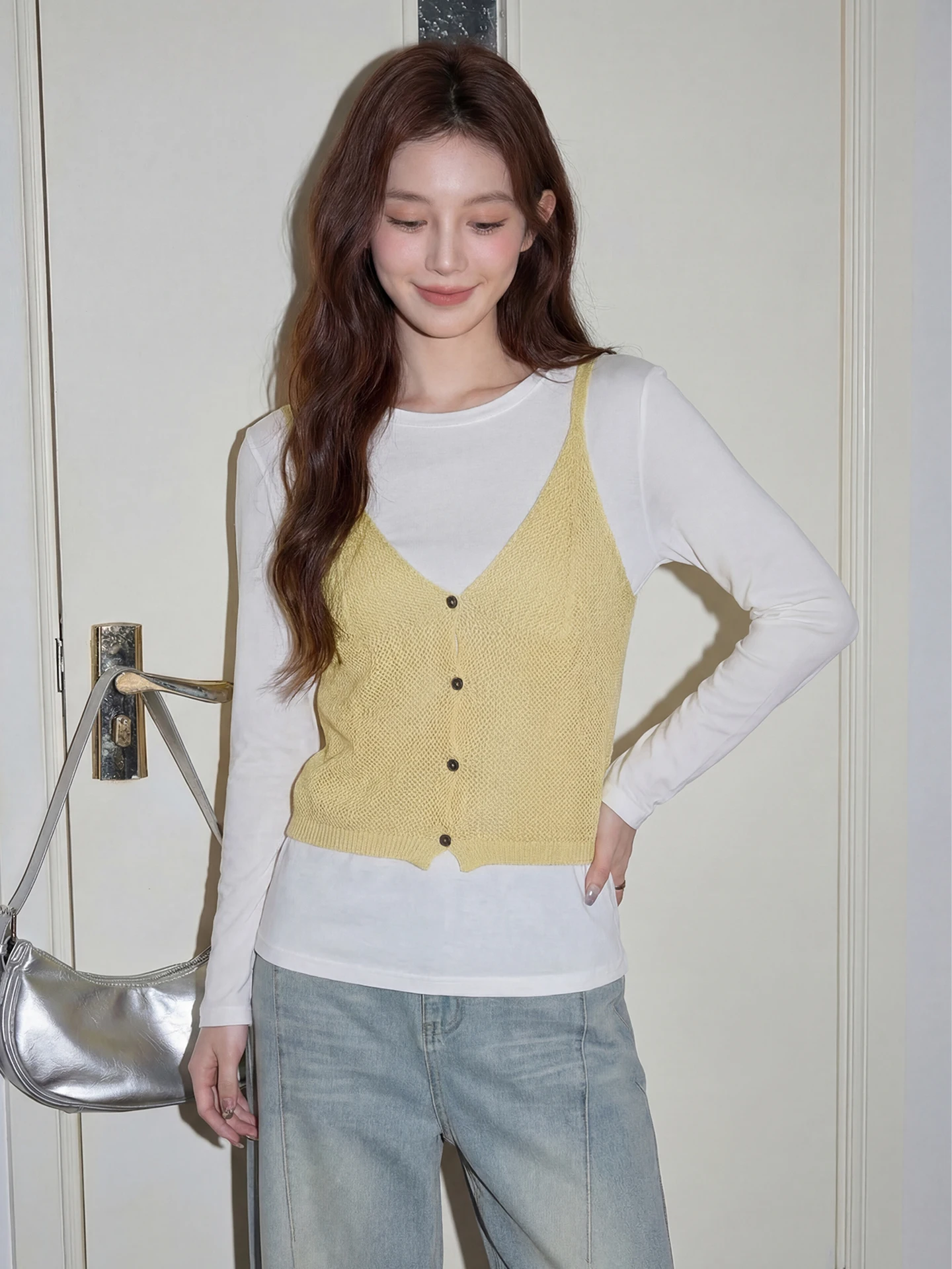 

Women's Knitted Long Sleeve T-Shirt Set Casual Style Vest And Shirt Two-Piece Spring Fashion Korean Series Sunscreen Function