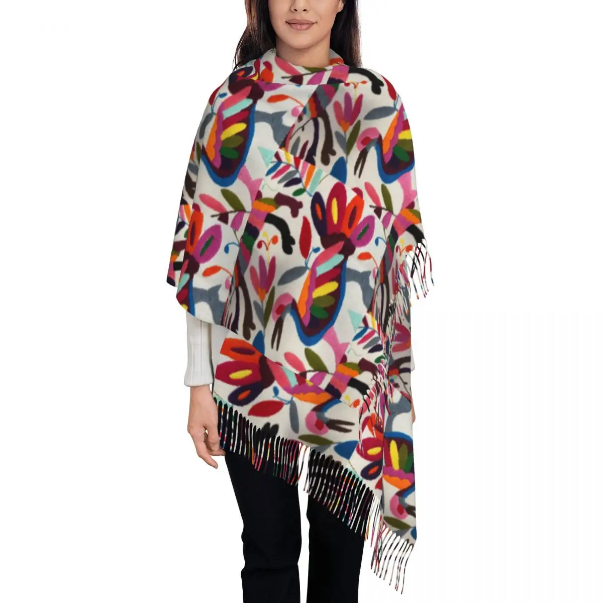 Female Large Mexican Otomi Embroidery Scarves Women Winter Fall Thick Warm Tassel Shawl Wrap Traditional Floral Textile Scarf