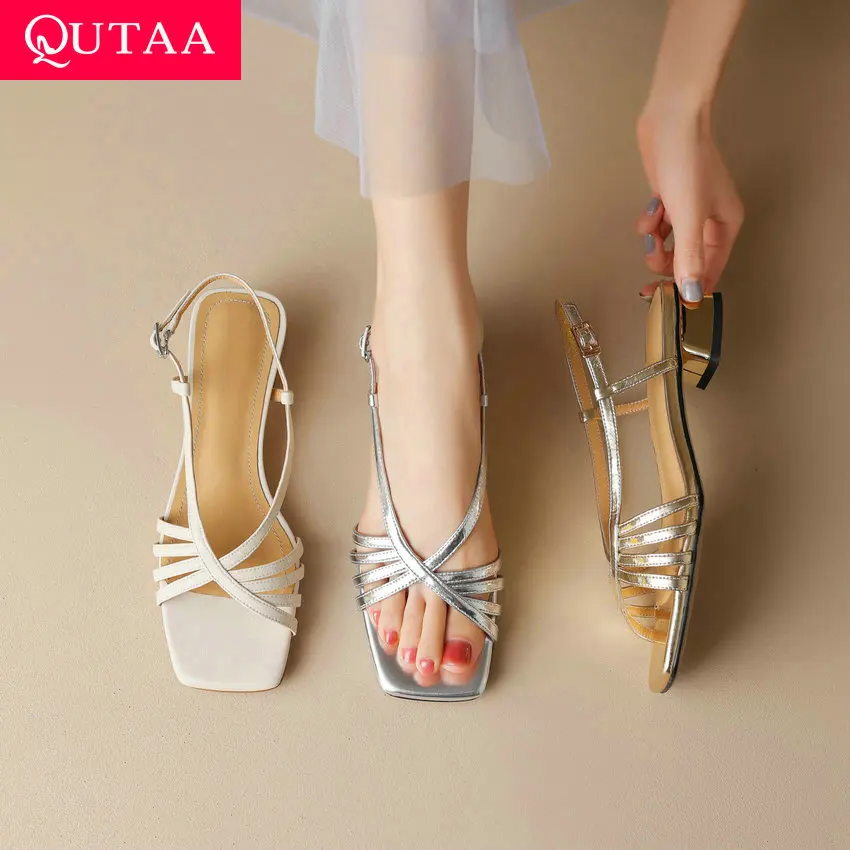 QUTAA 2023 Low Heel Women Sandals Genuine Leather  Square Toe Summer Party Office Lady Concise Pumps Shoes Woman Size 34-40