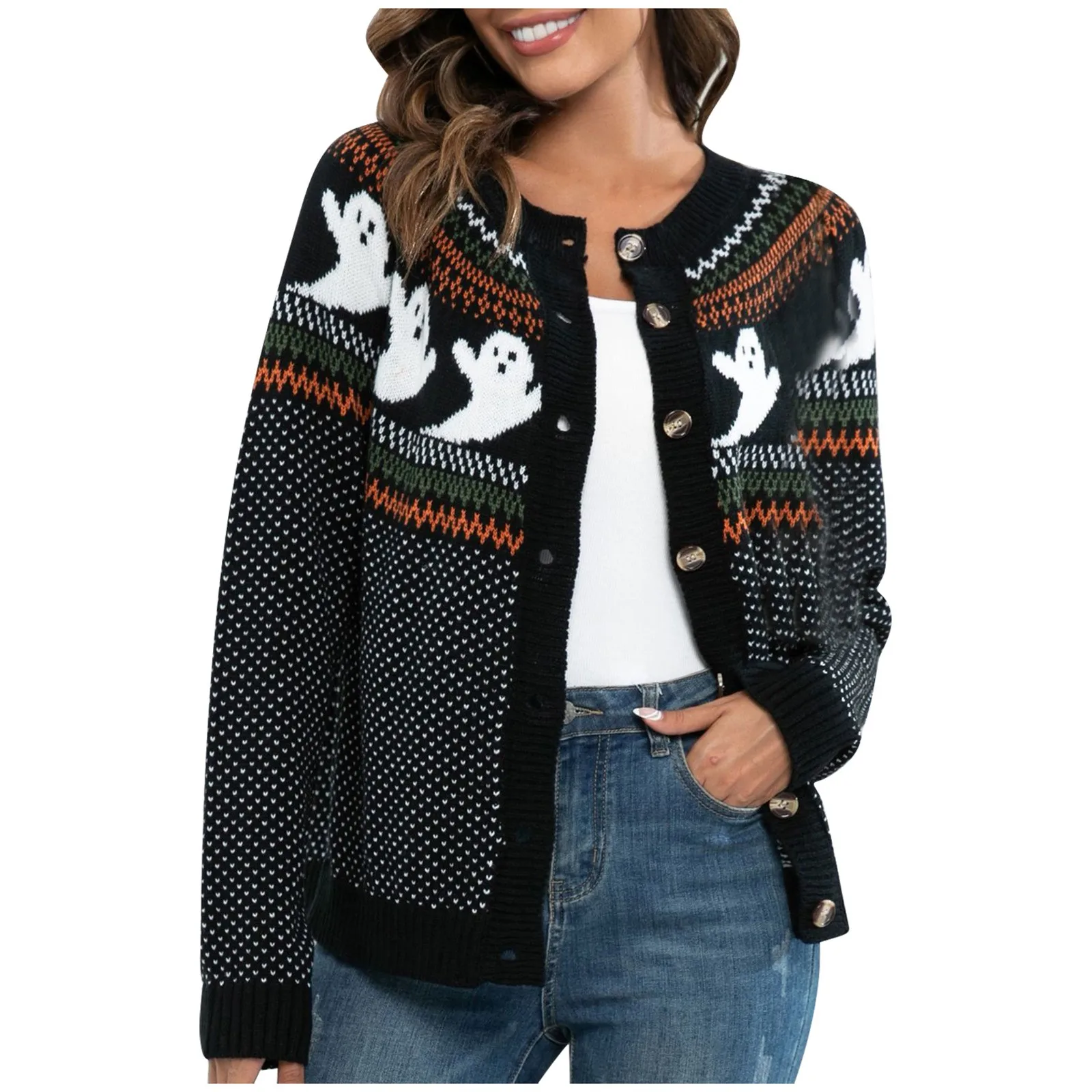 Halloween Ghost Pattern Womens Vintage Crew Neck Button Front Long Sleeve Cardigan Retro Warm Autumn Winter Staple Sweater