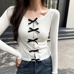 2024 New Bow Knot Hollowed Out Sweet Slimming Long Sleeved T-shirt for Women Korean Spicy Girl Chic Tops Y2k