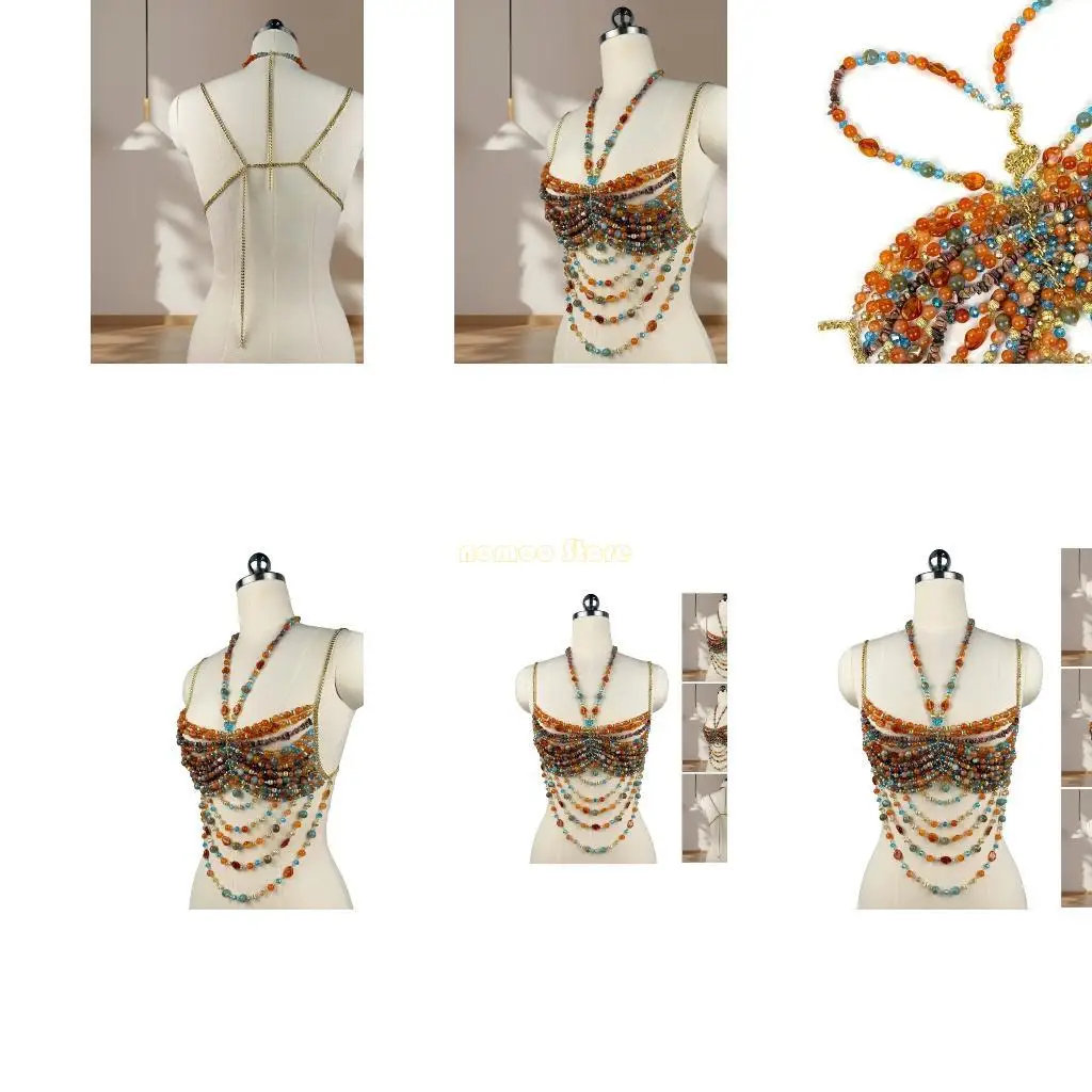 31BF Halter Neck Crop Top With Layered Acrylic Multicolor Beaded Body Chain Fashionable Chest Chain For Women Clubwear