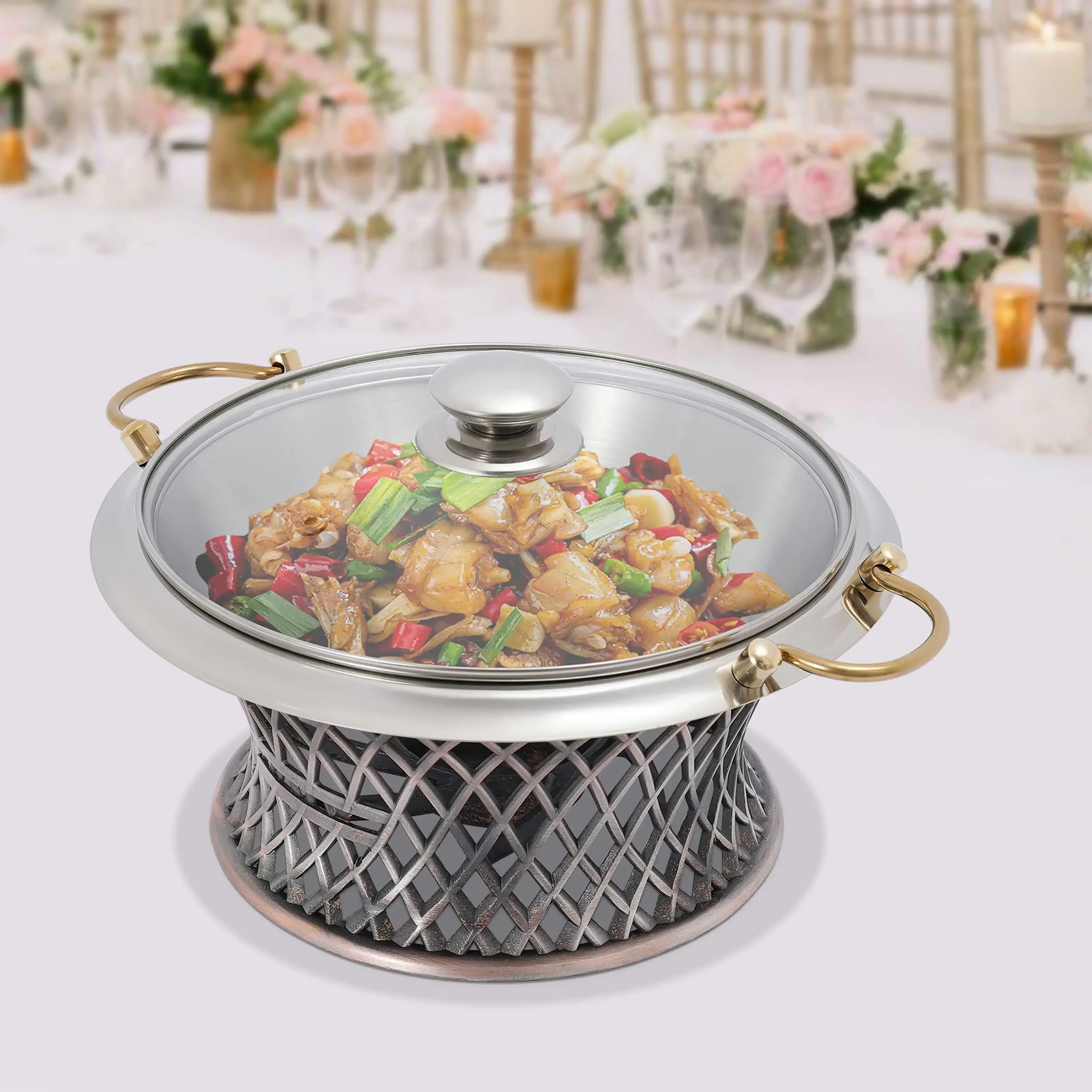 

Round Buffet Chafing Dish Set Stainless Steel Catering Food Warmer with Glass Lid and Stand, for Weddings, Events, and Parties