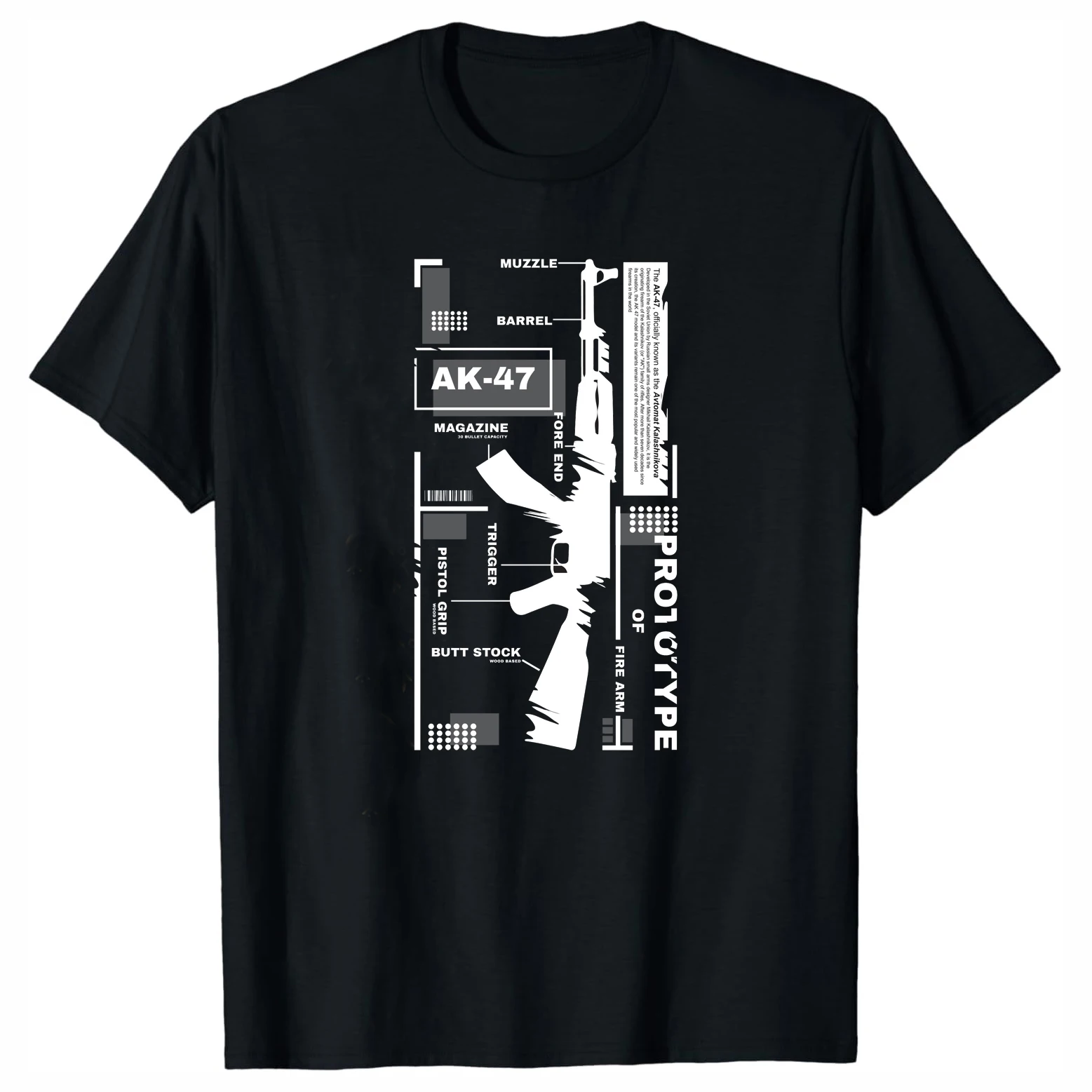 Prototype of Fire Arm - AK-47 Specifications Label T-Shirt 100% Cotton O-Neck Short Sleeve Summer Casual Mens T-shirt Streetwear