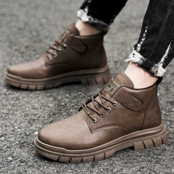 Men Motorcycle Boots Vintage Solid Outdoor Comfortable Walking Boots Casual Versatile Lace Up Shoes Ankle Flat Boots Male 39-44