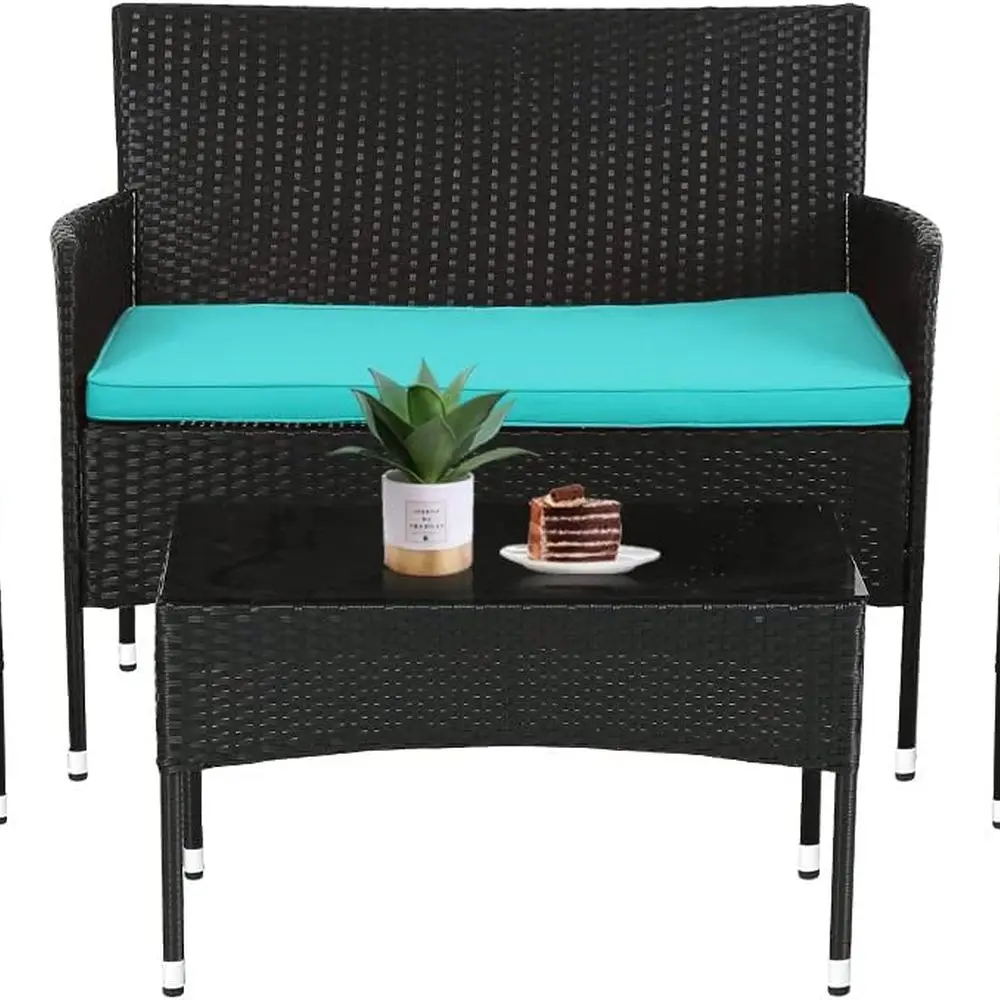 

Blue Cushioned 4-Piece Rattan Wicker Patio Furniture Set with Loveseats and Coffee Table for Outdoor and Indoor Use