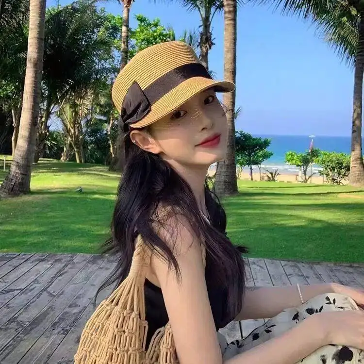 Retro Summer Straw Woven  Riding Hat Women's Outdoor Travel Versatile Sun Protection Hat Face Slimming  Knot
