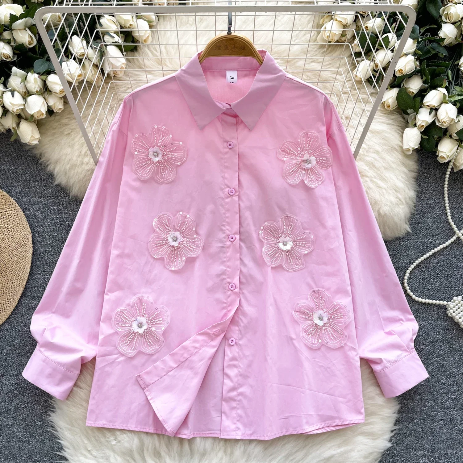 Chic Embroidered Beads Floral Basics Long Sleeves Elegant Polo-neck Loose Single Breasted Top Sweet High Street Autumn Clothing