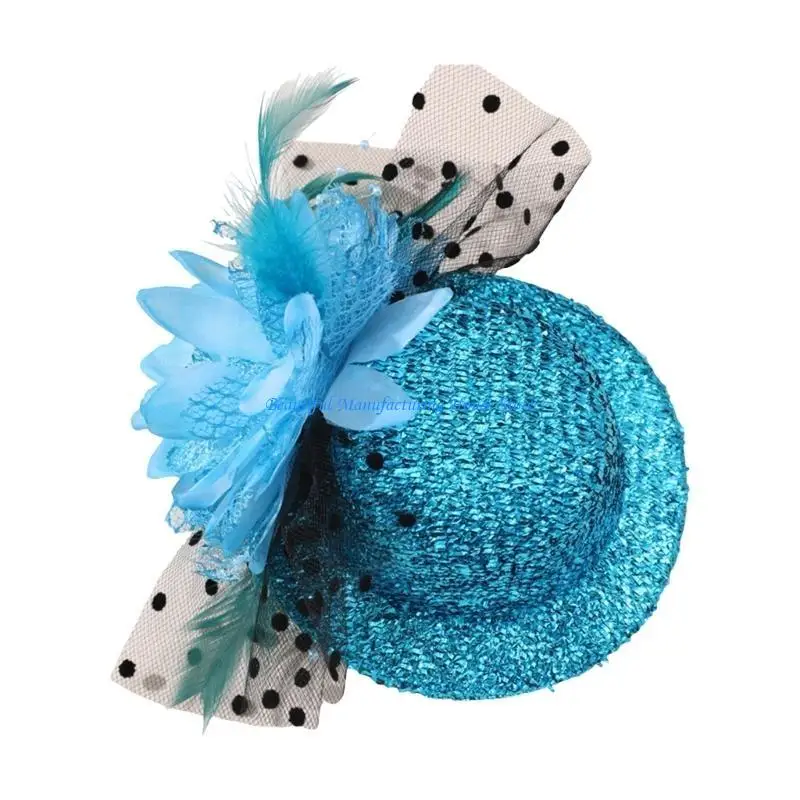 E56A Feathered Flower Fascinator Hat Hair Clip for Teaparty 20S Cosplay Party Costume Top Hat Side Clip for Formal Occasion