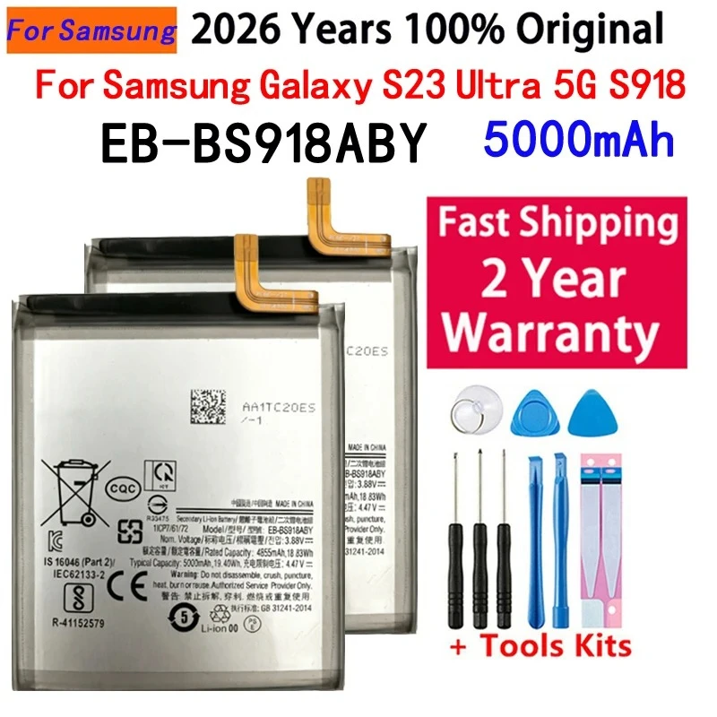 

100% New High Quanlity EB-BS918ABY 5000mAh Battery For Samsung Galaxy S23 Ultra 5G S918 Replacement Batteries+Free Tools