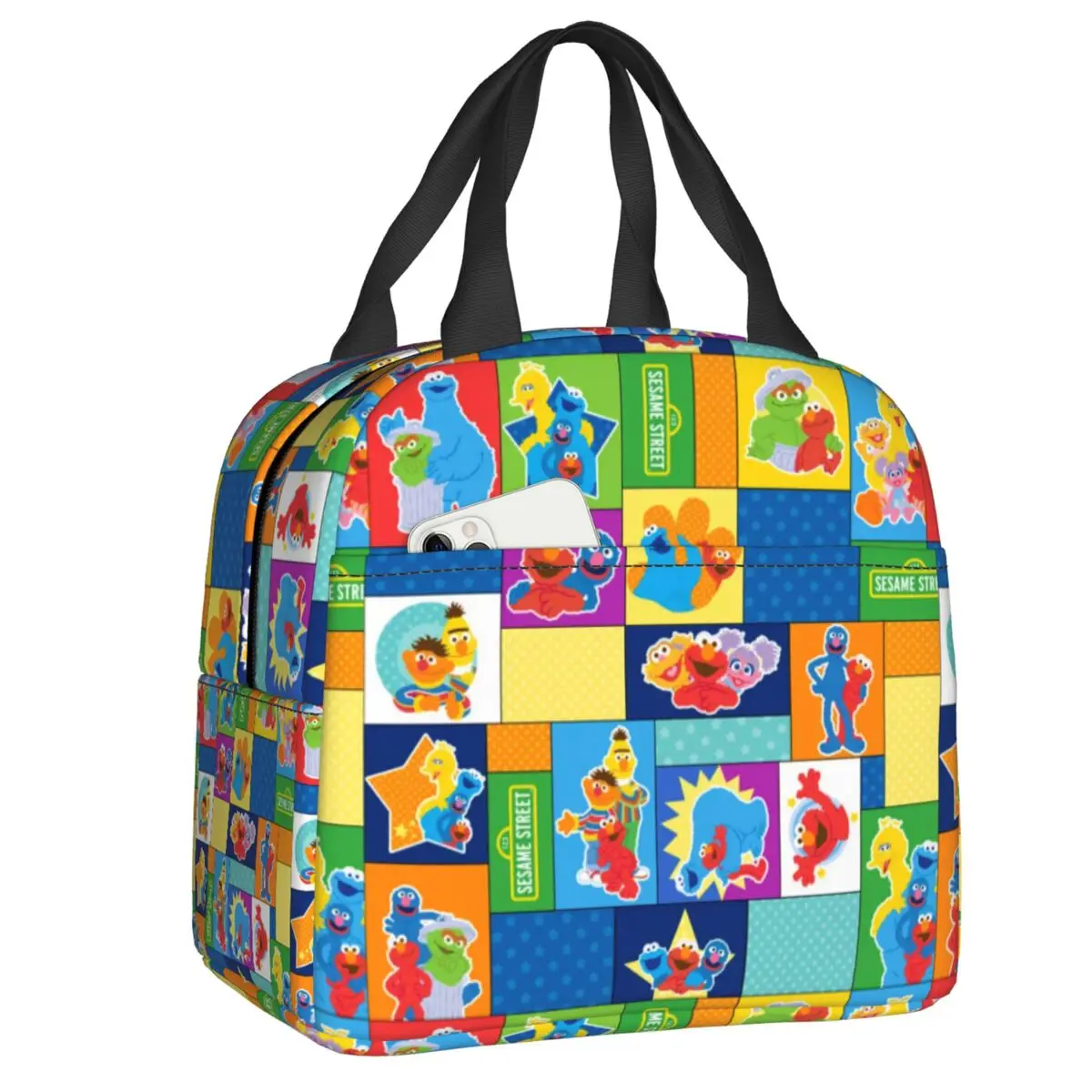 Custom Funny Cartoon Cookie Monster Collage Lunch Bag Women Cooler Thermal Insulated Lunch Box for Children School