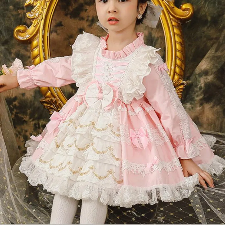 Baby girl spring autumn Spanish  ball gown dress kids lace stitching long sleeve birthday party princess dress