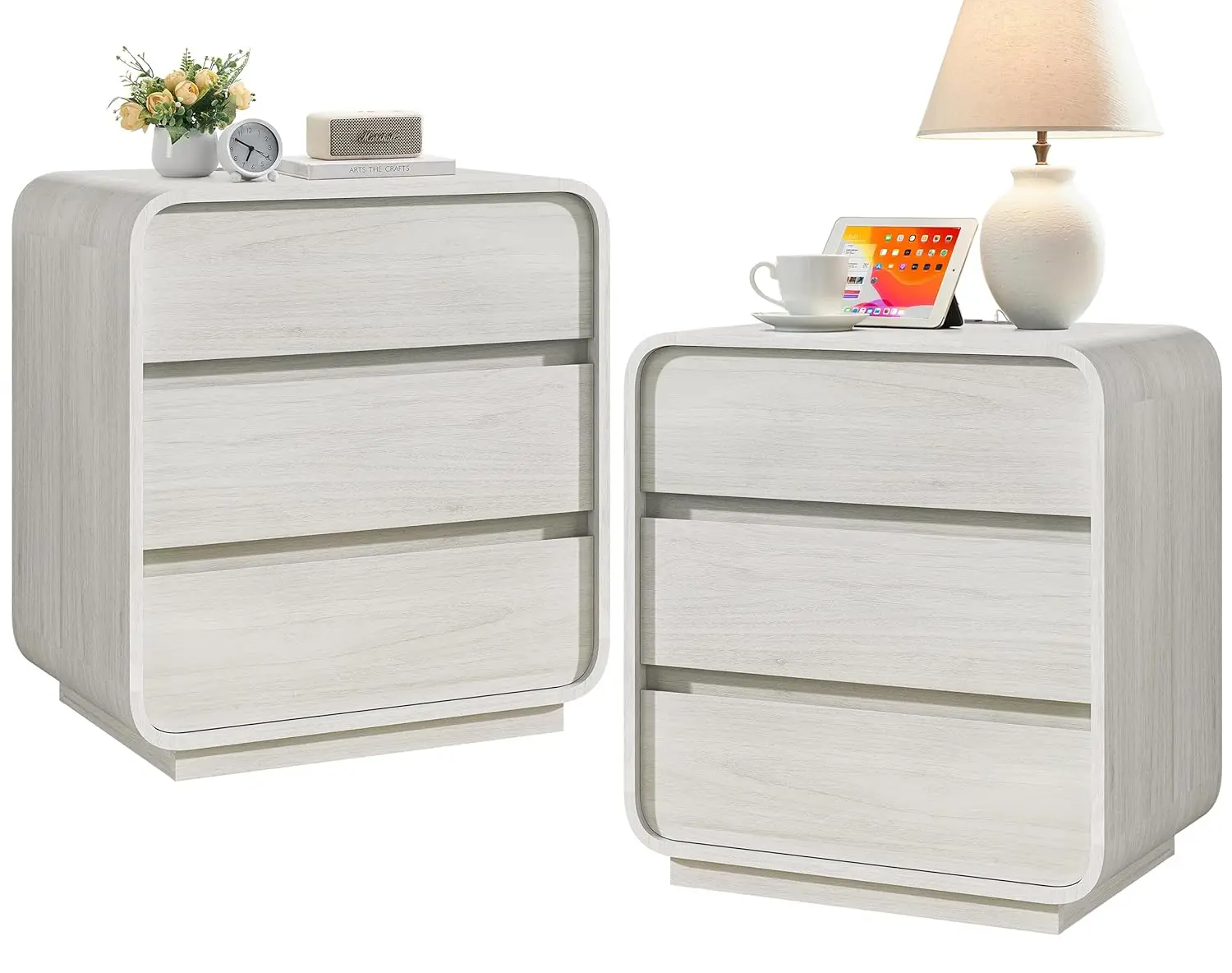 

White Nightstand Set of 2 with Charging Station, 23.2" Wide Wood Night Stand, Modern Bedside Table with 3 Storage, Customized