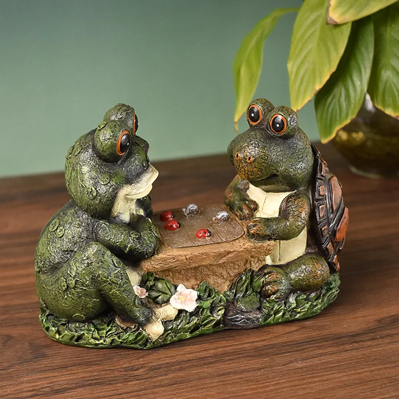 Solar-powered American Frog and Turtle Chess Ornaments for Home Outdoor Garden Courtyard Resin Decorations Yard Decor