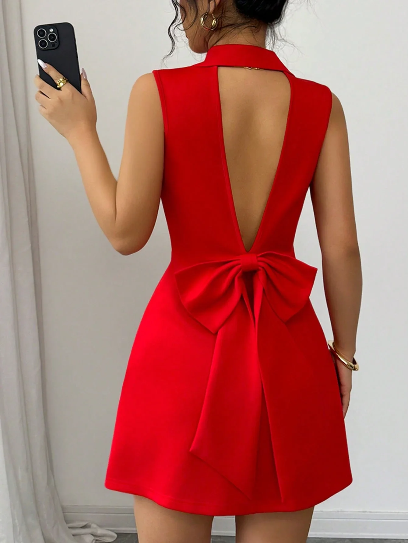 

Красное платье-блейзер без рукавов, двубортное, с V-образным вырезом на спине, с бантом, мини, для вечеринок и клубов, элегантное