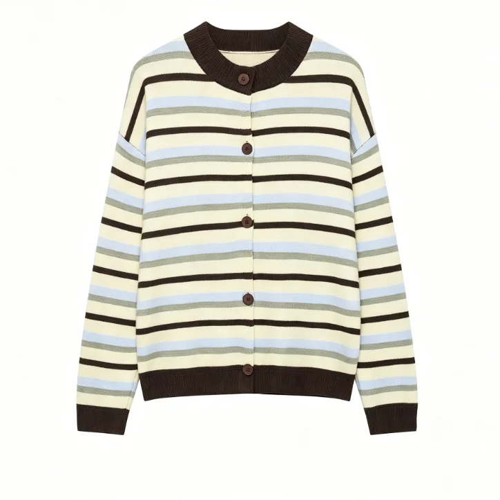 Crew Neck Multicolor Horizontal Stripe Knit Cardigan Drop Shoulder Relaxed Fit Loose Casual Knit Outerwear Valentine Gift 260602