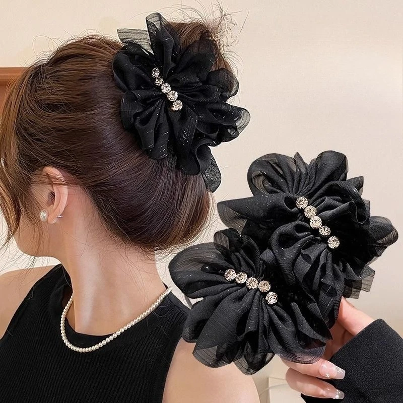 Korean Mesh Flower Ponytail Hairpin Banana Clip Elegant Temperament Back of Head Shark Clip Women Girl Hair Styling Accessories