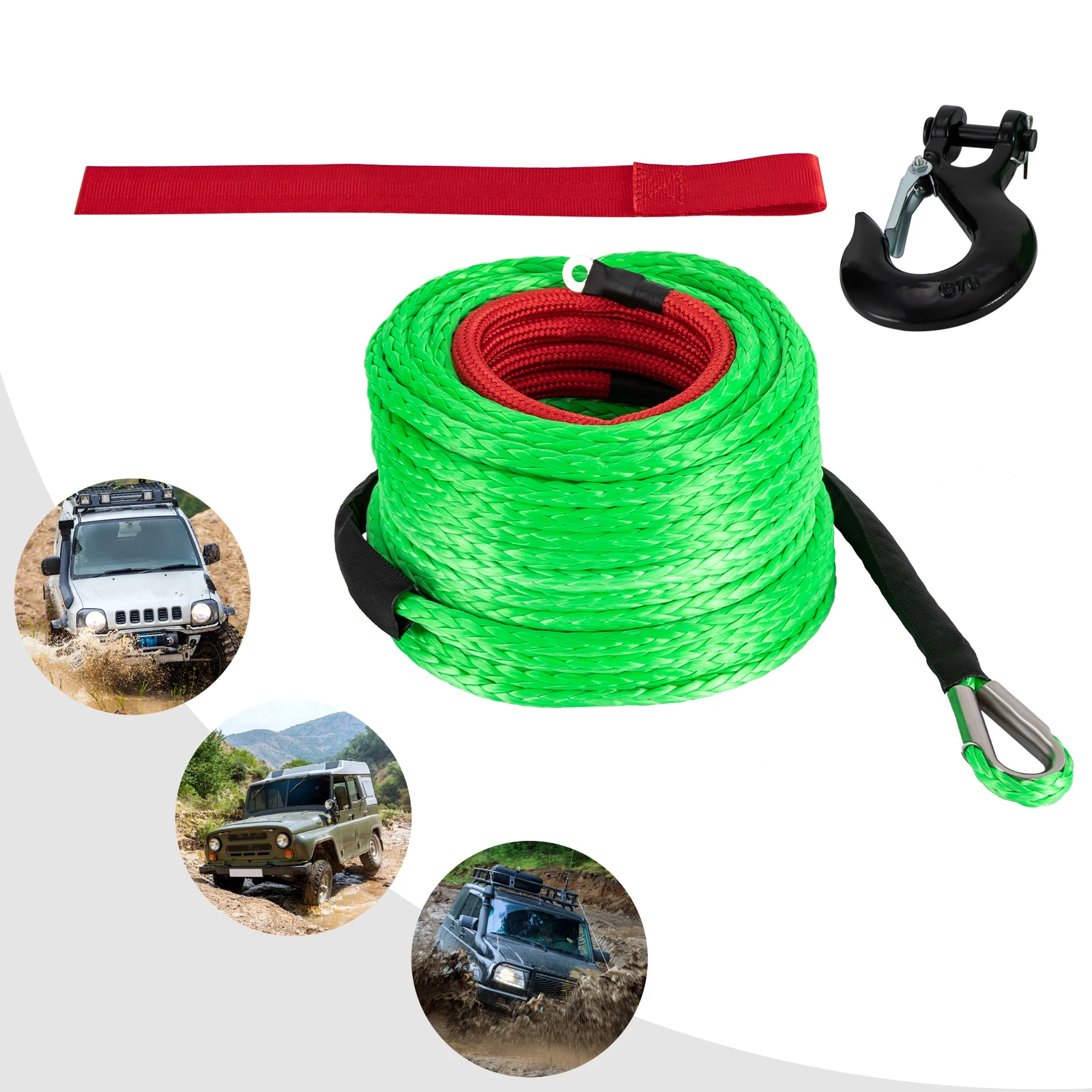 

3/8x100" Synthetic Winch Rope w/ Hook Winch Cable 30.48m/100ft 23809lbs