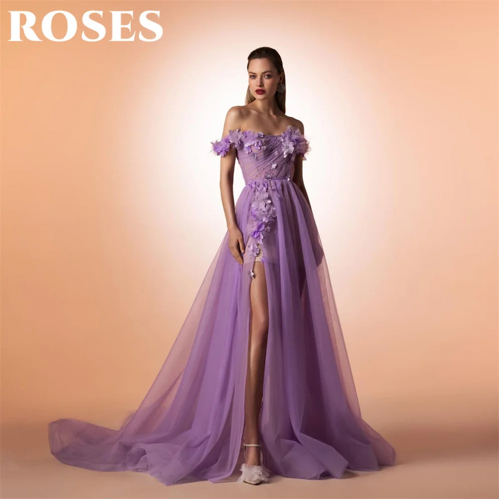 

ROSES Purple Elegant Prom Dress Sweetheart Applique Formal Gown with Pleats A-Line Tulle Off Shoulder Evening Dress Customized