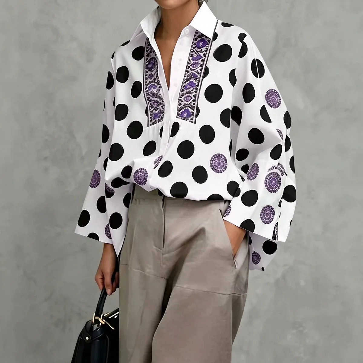 Printed Polka Dot Long Sleeve Shirt with Polo Collar Patchwork Regular Length Elegant Style Loose Fit Pullover Women Blouse
