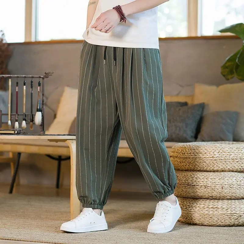 2024 Men Casual Harem Pants Fashion Loose Cotton Linen Wide Leg Pants Men Plus Size Elastic Waist Pantalones Trousers A003