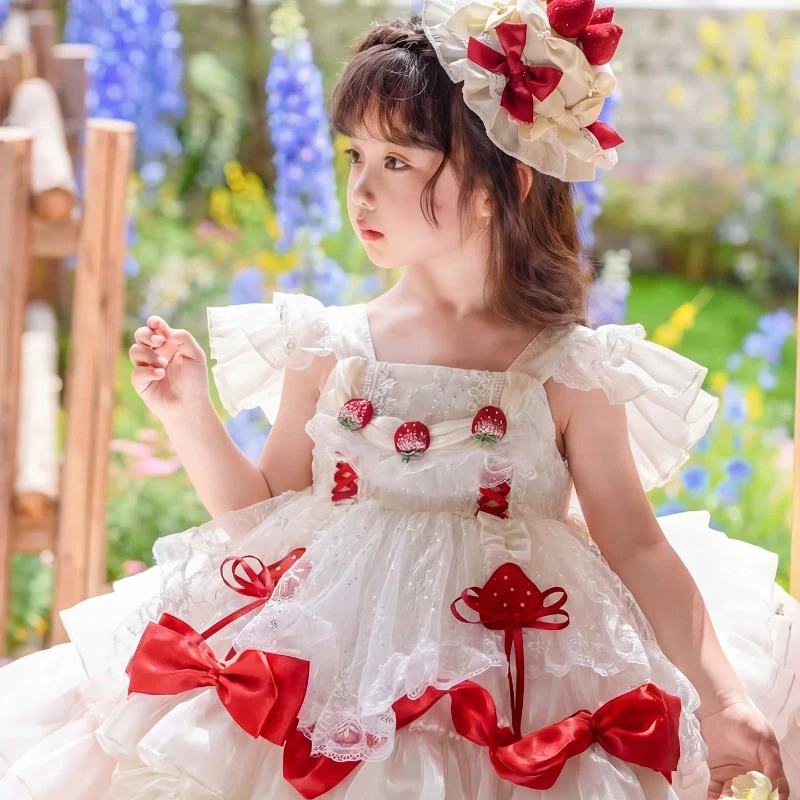 Handgefertigtes Neues Mädchen-Sommerkleid Erdbeer-Prinzessin Lolita Trägerkleid Süßes Kleines Mädchen Boutique Hochwertiges Kostüm 3-10 Jahre – Detail 5