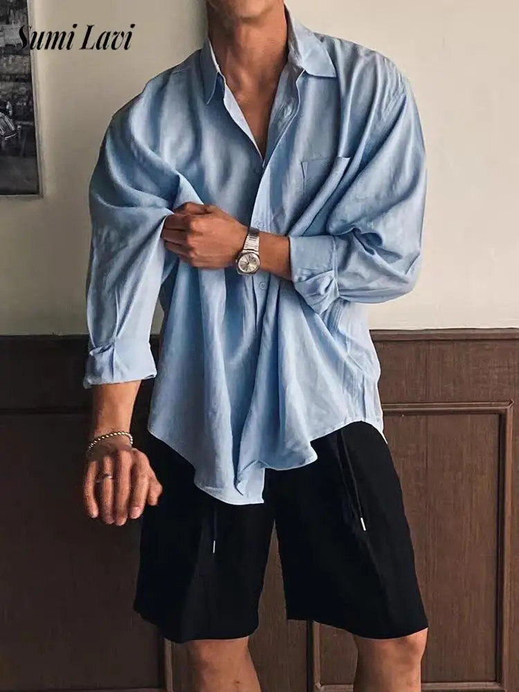 

Daily Casual Solid Color Long Sleeve Shirts Men Autumn Vintage Button-up Cardigan Tops Mens Fashionable Turn-down Collar Shirt