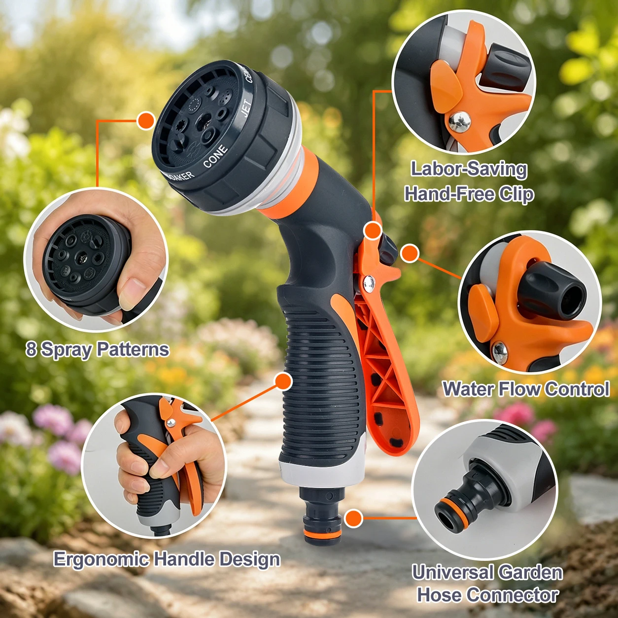 Garden Hose Nozzle, Pressure Water Spray Gun, 8 Spray Patterns, Car Wash Adjustable Hose Sprayer, for Vehicle Wash, Patio Cleani view 4
