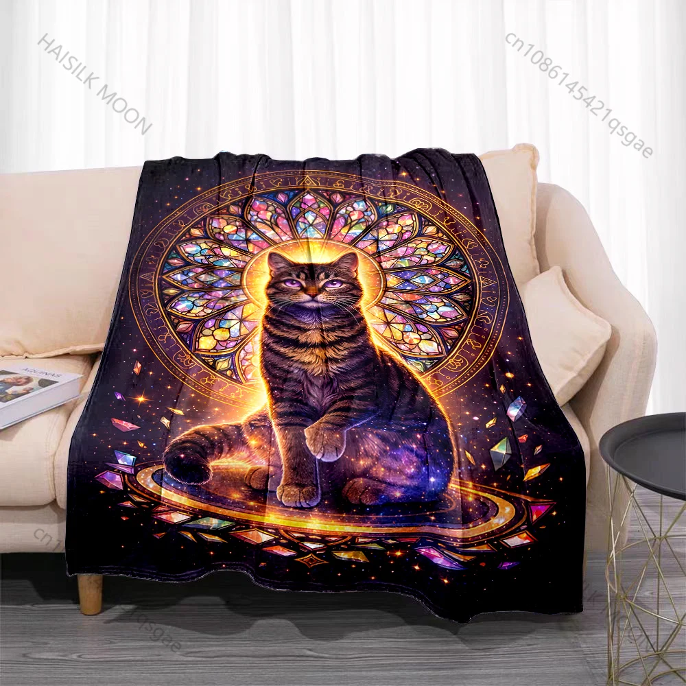 Multiple sizes Cat with stunning stained glass print blanket adult children warm for home travel soft and comfortable blanket