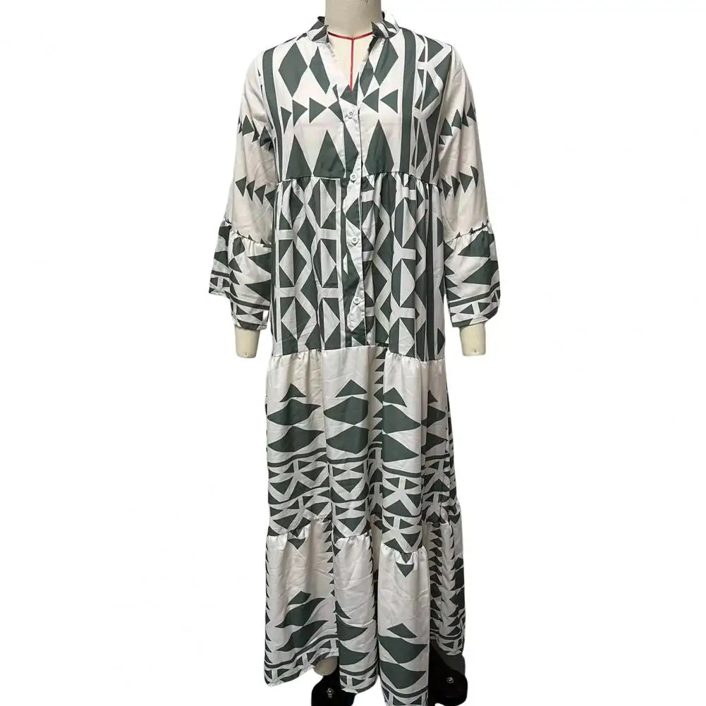 Gaun Maxi Bohemian wanita, Dress bercetak dengan kerah berdiri, cetakan tambal sulam warna-warni musim gugur musim semi bentuk A leher V