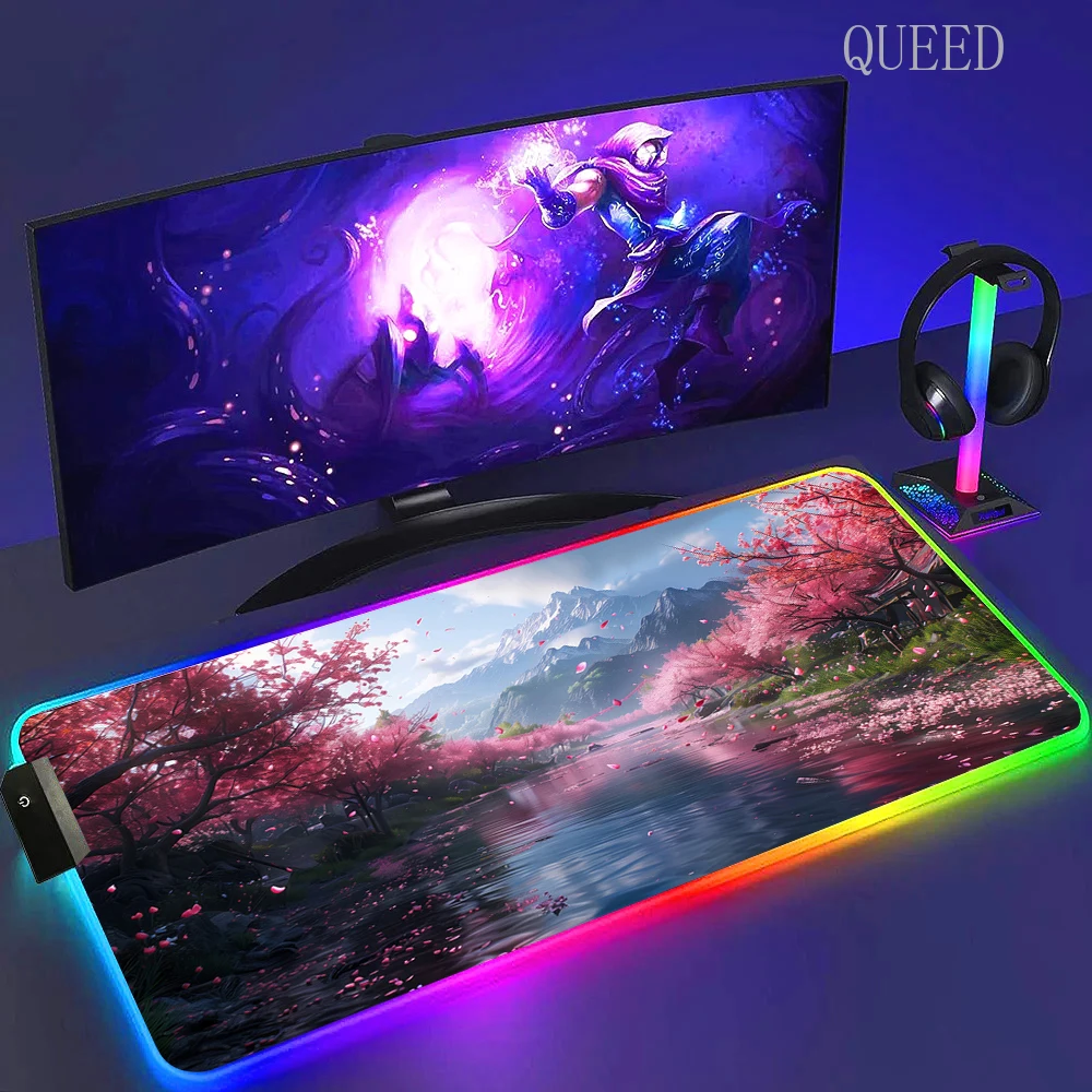 Led Large Desk Mat Fantasy Mountain Landscape Rgb Mousepad Carpet with Backlight Mausepad Lockrand Colorful Mouse Pad Desk Mats