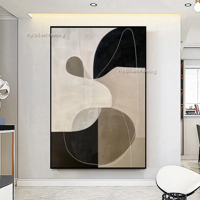 Hand‑Painted Neutral Abstract Oil Painting, Organic Curved Shapes Textured Canvas Art, Wabi‑Sabi Modern Living Room Wall Decor