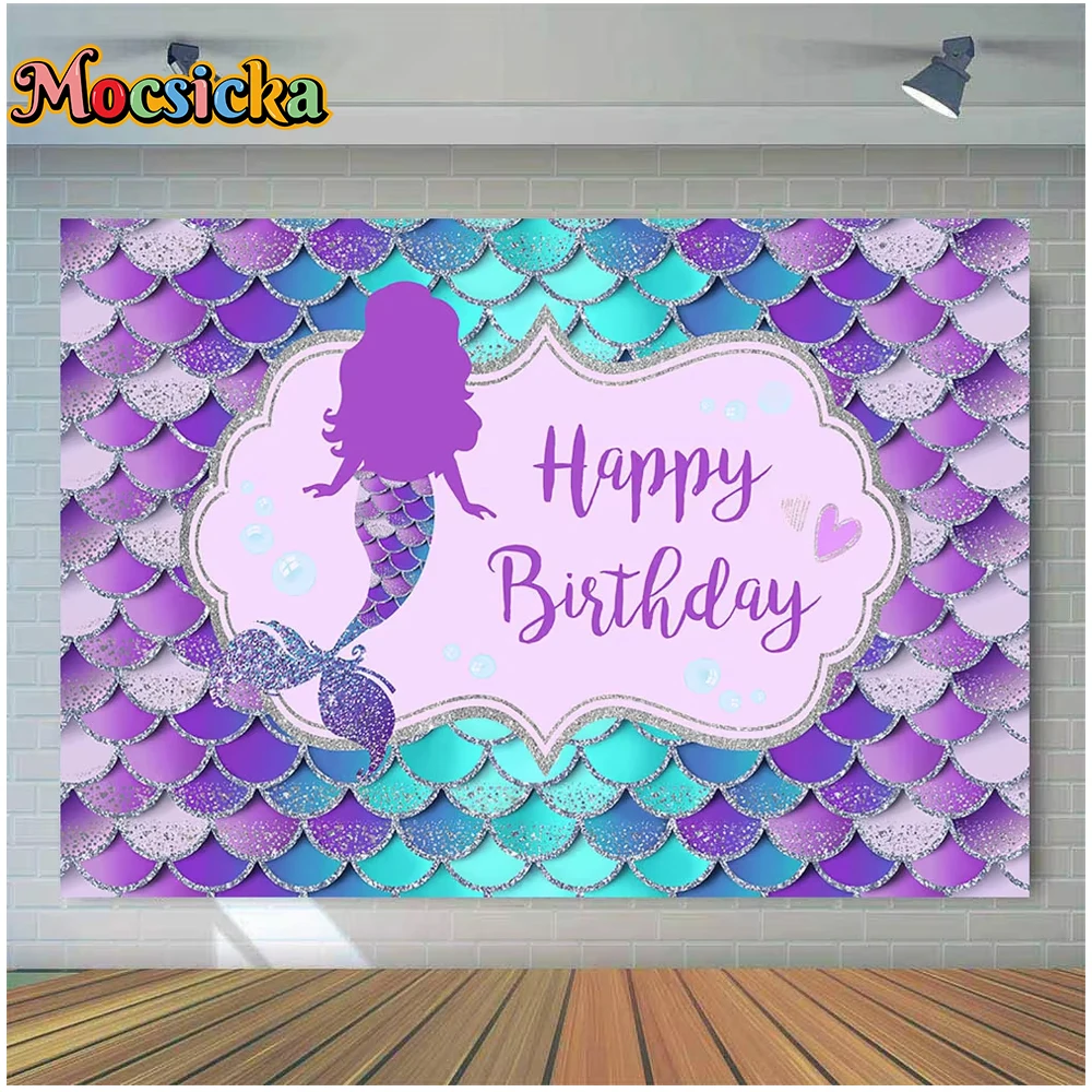 

Mocsicka Mermaid Backdrop Under The Sea Girl Blue Purple Scales Party Decoration Happy Birthday Background Photography Photocall