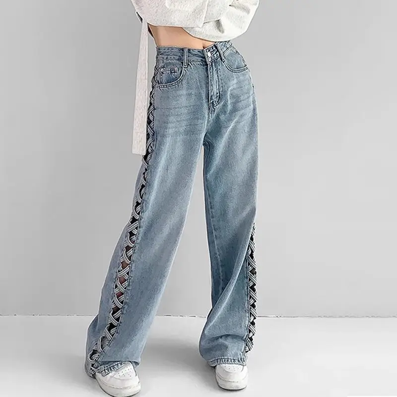 Summer Fashion Design Jeans Streetwear Women's Pants with Hollowed Out Holes on The Sides Jeans Fashionable Slim Fit High Waist