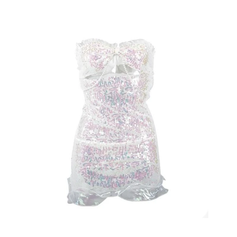 Sexy Mermaid Fairy Uniform Cosplay Costume Sexy Pearl Chain Mini Dress Women Nightdress Underwear Girls Shiny Role Play Outfits