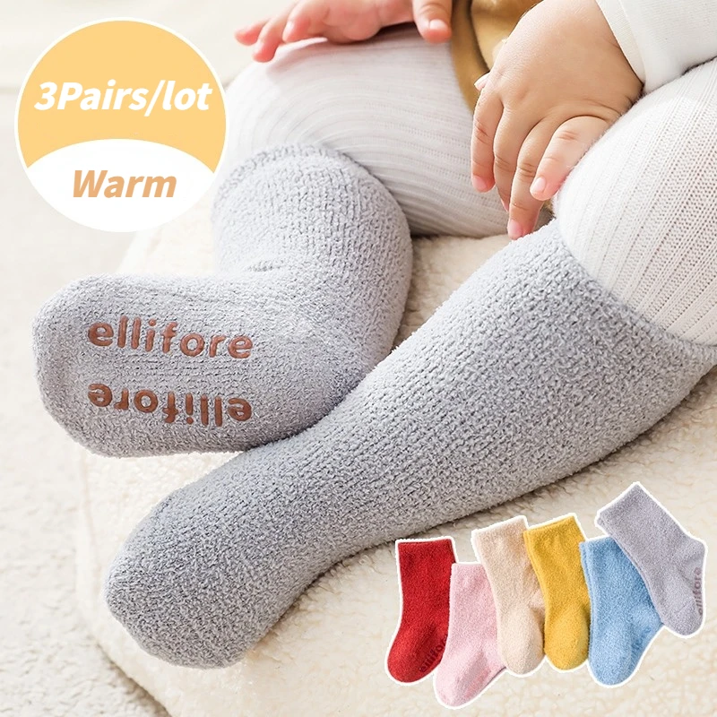 3Pairs/lot Baby Coral Velvet Thick Warm Toddler Floor Socks Anti slip Solid Color Soft Winter Newborn Boys Girls Socks 0-3T