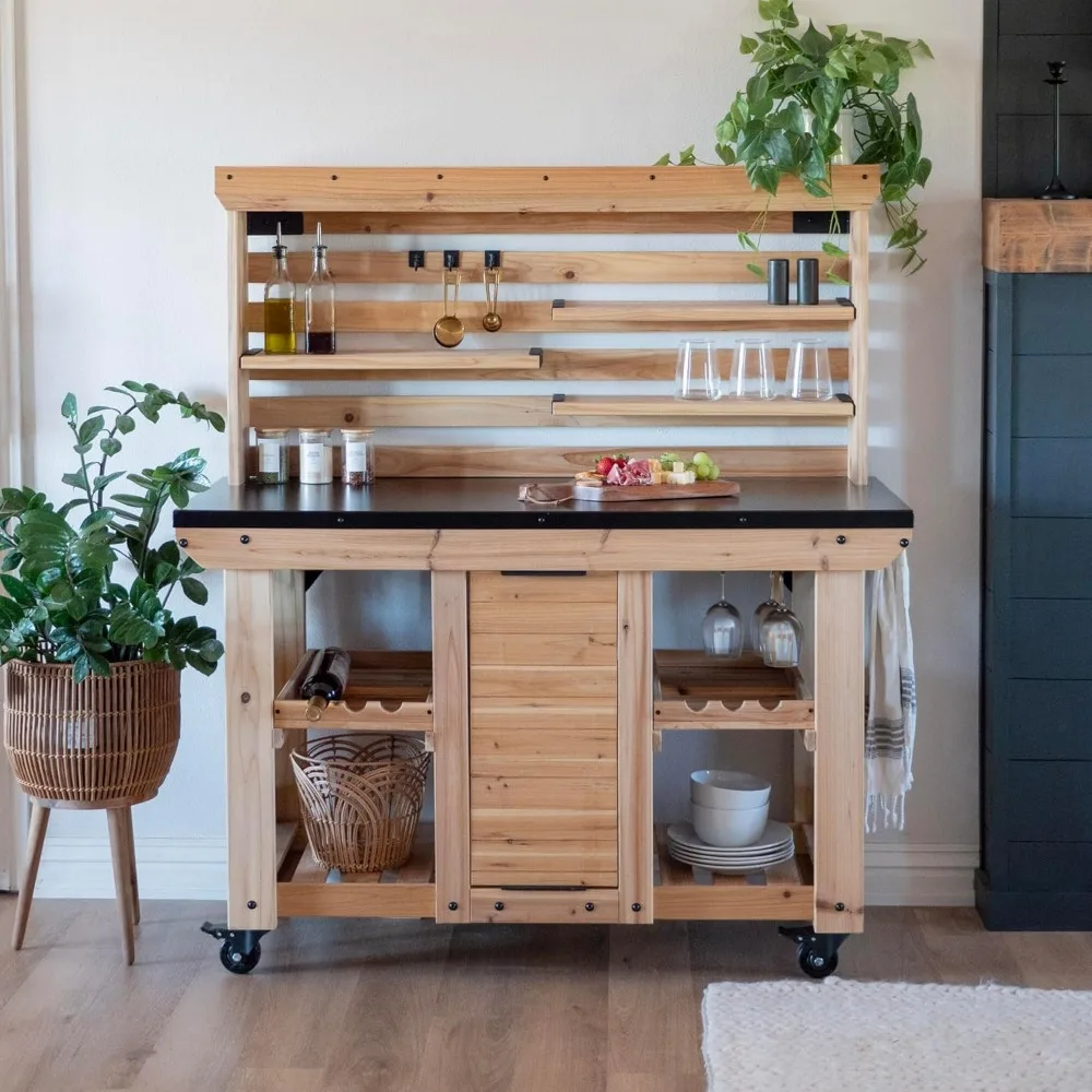 Cedar Wood Buffet Hutch with Galvanized Steel Countertop, Serving Station, Wine Rack, and Glass Holder
