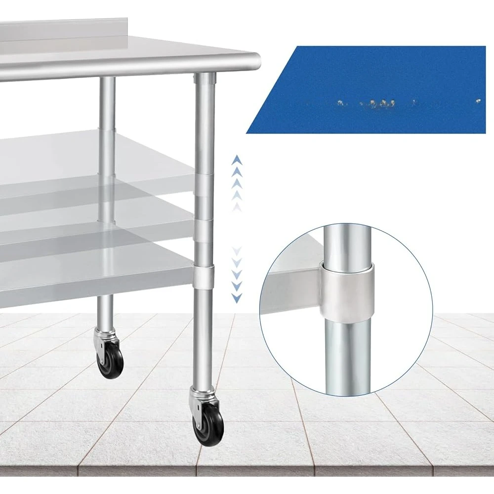 Stainless Steel Prep Table with Wheels NSF Heavy Duty Commercial Kitchen Workbench 2 Inch Backsplash Rolling Caster Table