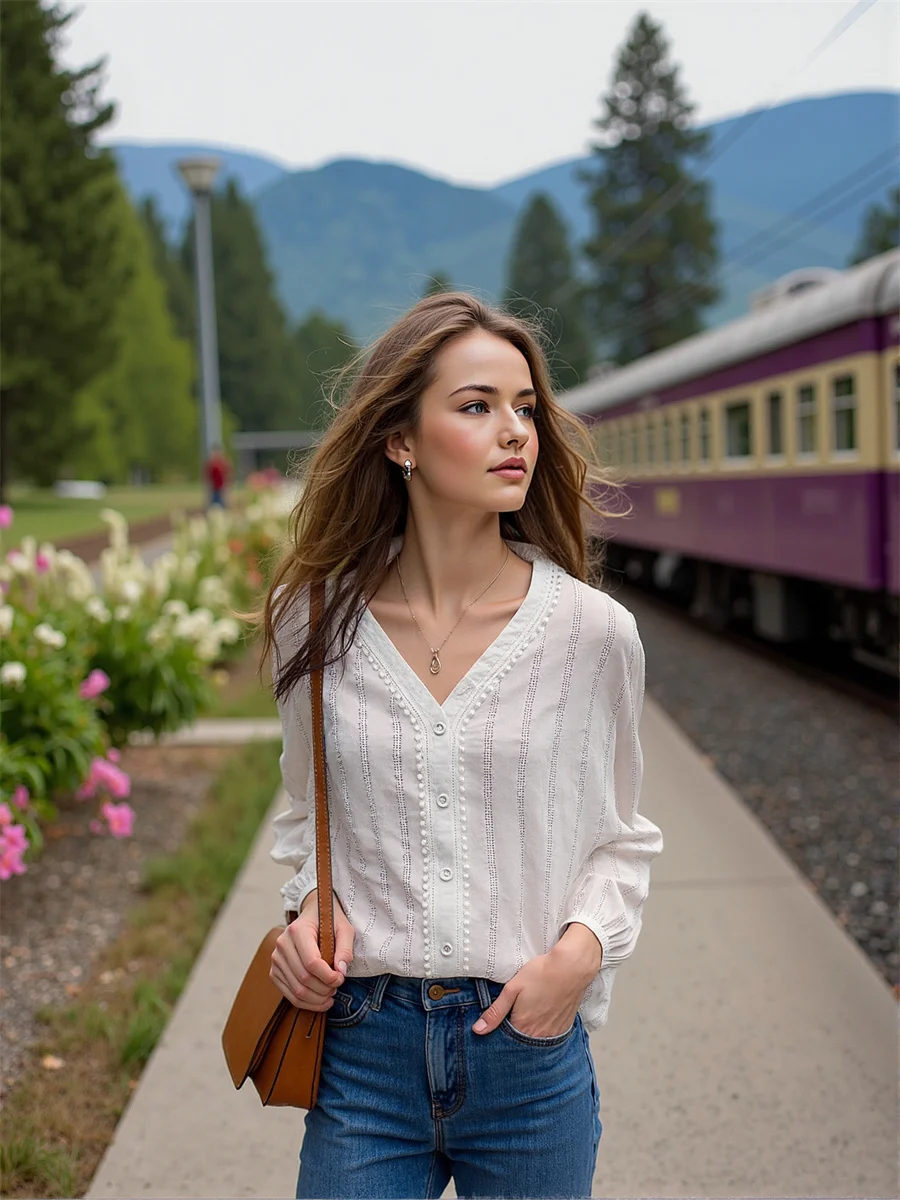 Long Lantern Sleeve Women Elegant Shirts Pearls Beading Plaid Pattern Print Button Front Casual Preppy College Simple Basic