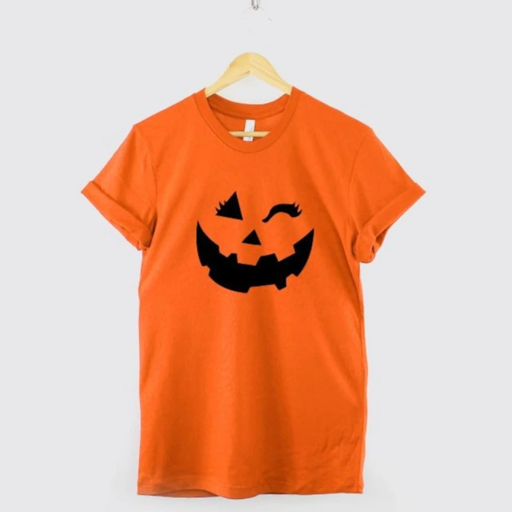 Funny Happy Halloween Winking Pumpkin Face T-Shirt Woman Man Cute All Saints' Day Trick or Treat Graphic T Shirts Streetwear