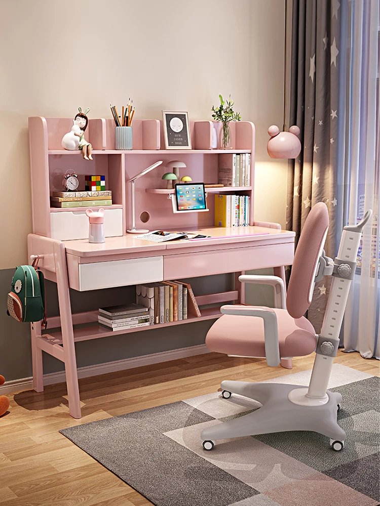 

Solid wood children's desk study table girl lifting household simple modern primary and secondary school writing bookshelf