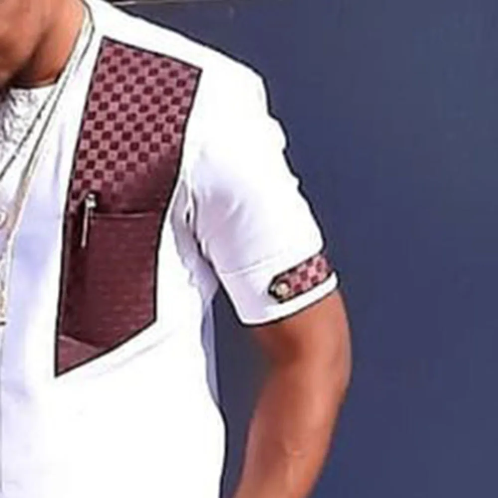 White Patchwork African Dress Shirt Men 2023 Brand Short Sleeve African Clothes Streetwear Casual African Men Traditional Outfit