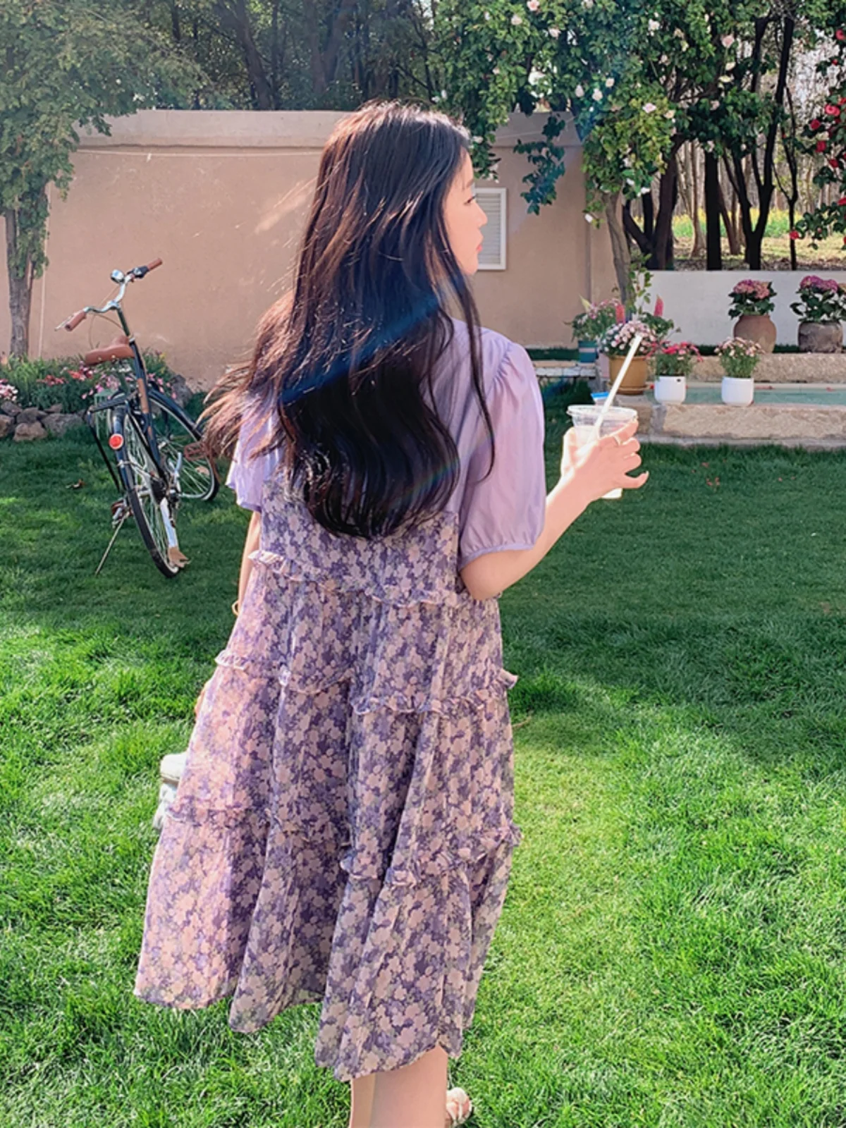 Saia Floral Roxa Ele para Mulheres Verão 2025 Nova Tamanho Pequeno Super Bonita Saia Coreana de Cintura Alta