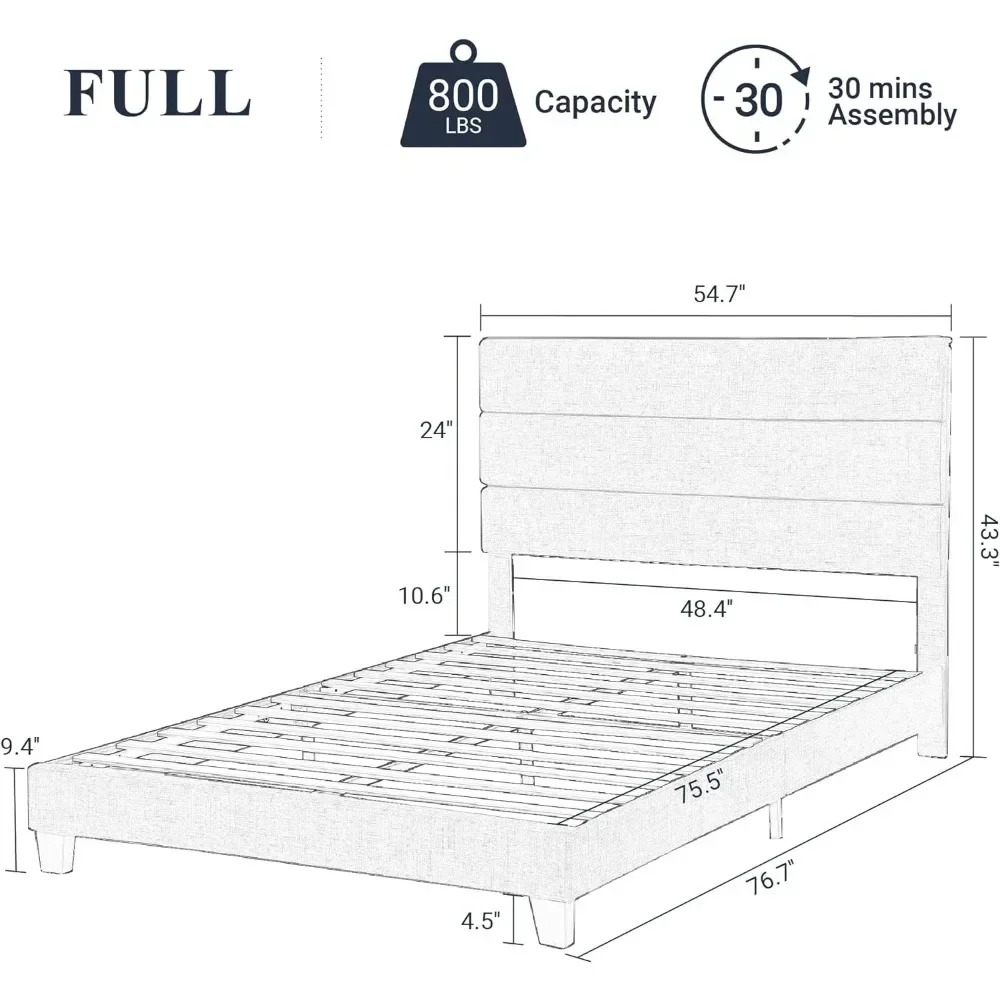 Platform Bed Frame with Velvet Upholstered Headboard and Slats Support, Upholstered Mattress Foundation/No Box Spring Needed